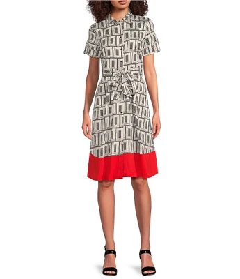 KARL LAGERFELD PARIS Sateen Geo Print Point Collar Short Sleeve Midi A-Line Dress