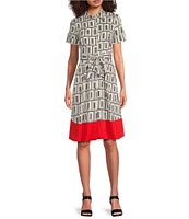 KARL LAGERFELD PARIS Sateen Geo Print Point Collar Short Sleeve Midi A-Line Dress