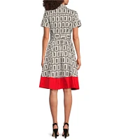 KARL LAGERFELD PARIS Sateen Geo Print Point Collar Short Sleeve Midi A-Line Dress