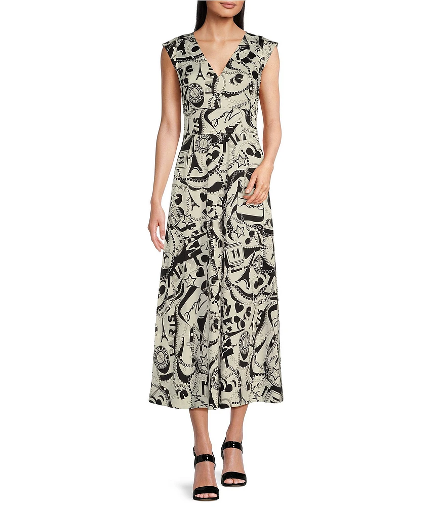 KARL LAGERFELD PARIS Sateen Printed V-Neck Sleeveless A-Line Midi Dress