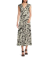 KARL LAGERFELD PARIS Sateen Printed V-Neck Sleeveless A-Line Midi Dress