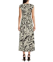 KARL LAGERFELD PARIS Sateen Printed V-Neck Sleeveless A-Line Midi Dress