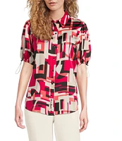 KARL LAGERFELD PARIS Satin Back Crepe-De-Chine Geometric Print Point Collar Short Sleeve Button Front Top
