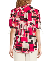 KARL LAGERFELD PARIS Satin Back Crepe-De-Chine Geometric Print Point Collar Short Sleeve Button Front Top