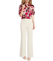 KARL LAGERFELD PARIS Satin Back Crepe-De-Chine Geometric Print Point Collar Short Sleeve Button Front Top