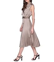 KARL LAGERFELD PARIS Satin Back Crepe Notch Collar Belted Pleated Shirt Dress
