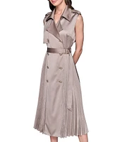 KARL LAGERFELD PARIS Satin Back Crepe Notch Collar Belted Pleated Shirt Dress