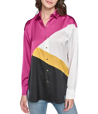 KARL LAGERFELD PARIS Satin Color Block Spread Collar Long Sleeve Button Down Blouse