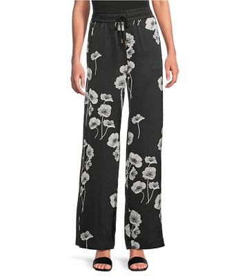 KARL LAGERFELD PARIS Satin Crepe Floral Print Wide Leg Coordinating Pants