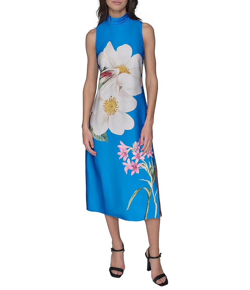 KARL LAGERFELD PARIS Satin Placement Floral Print Mock Neck Sleeveless Shift Midi Dress