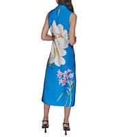 KARL LAGERFELD PARIS Satin Placement Floral Print Mock Neck Sleeveless Shift Midi Dress