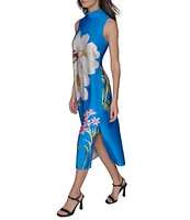 KARL LAGERFELD PARIS Satin Placement Floral Print Mock Neck Sleeveless Shift Midi Dress