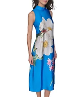 KARL LAGERFELD PARIS Satin Placement Floral Print Mock Neck Sleeveless Shift Midi Dress
