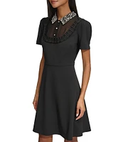 KARL LAGERFELD PARIS Scuba Crepe Beaded Collar Ruffle Trim Short Puff Sleeve Dress