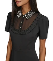 KARL LAGERFELD PARIS Scuba Crepe Beaded Collar Ruffle Trim Short Puff Sleeve Dress