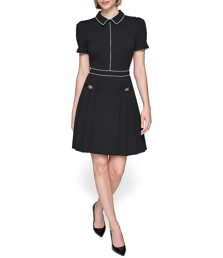 KARL LAGERFELD PARIS Scuba Crepe Collar Neck Short Sleeve Gold Hardware Contrast Trim Pleated Mini Dress