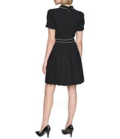 KARL LAGERFELD PARIS Scuba Crepe Collar Neck Short Sleeve Gold Hardware Contrast Trim Pleated Mini Dress