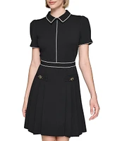 KARL LAGERFELD PARIS Scuba Crepe Collar Neck Short Sleeve Gold Hardware Contrast Trim Pleated Mini Dress