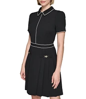 KARL LAGERFELD PARIS Scuba Crepe Collar Neck Short Sleeve Gold Hardware Contrast Trim Pleated Mini Dress