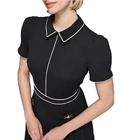 KARL LAGERFELD PARIS Scuba Crepe Collar Neck Short Sleeve Gold Hardware Contrast Trim Pleated Mini Dress