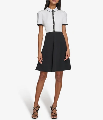 KARL LAGERFELD PARIS Scuba Crepe Color Block Collar Short Sleeve Mini Dress