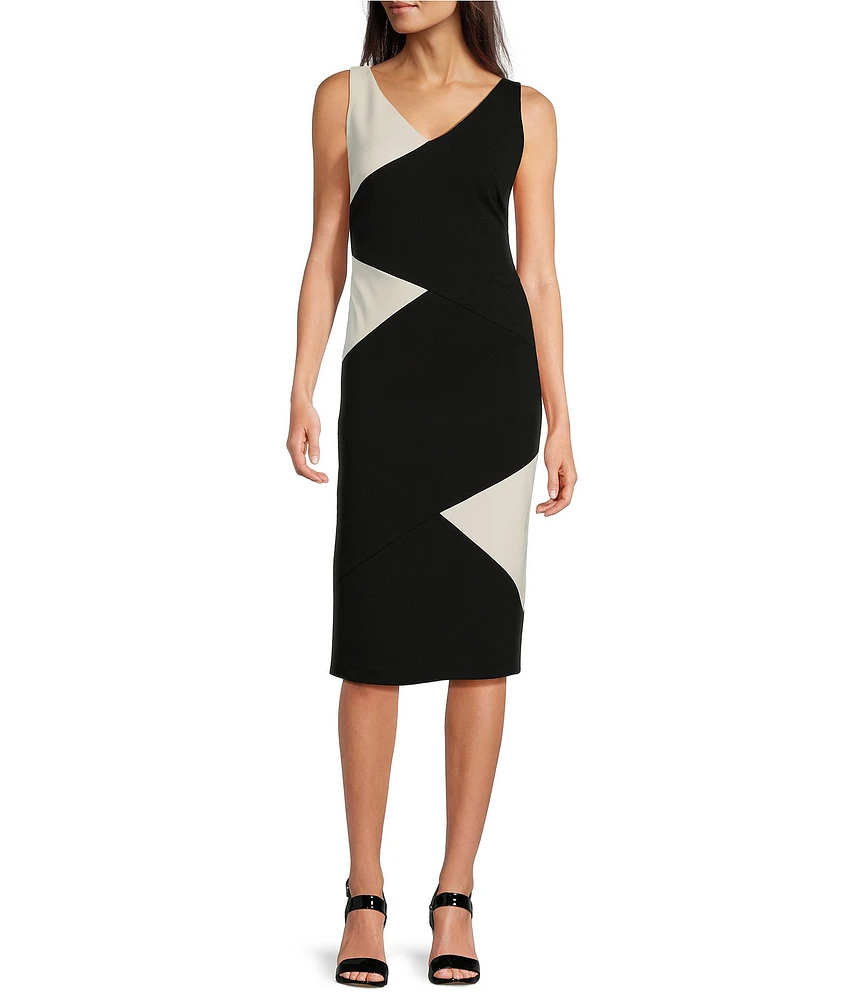 KARL LAGERFELD PARIS Scuba Crepe Color Block V-Neck Sleeveless Dress