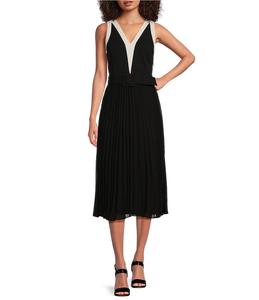 KARL LAGERFELD PARIS Scuba Crepe Color Block V-Neckline Sleeveless Pleated Chiffon Midi Dress