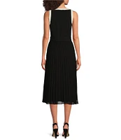 KARL LAGERFELD PARIS Scuba Crepe Color Block V-Neckline Sleeveless Pleated Chiffon Midi Dress