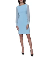 KARL LAGERFELD PARIS Scuba Crepe Crew Neck Chiffon Long Sleeve Pearl Cuff Sheath Mini Dress