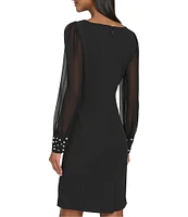 KARL LAGERFELD PARIS Scuba Crepe Crew Neck Chiffon Long Sleeve Pearl Cuff Sheath Mini Dress