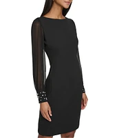 KARL LAGERFELD PARIS Scuba Crepe Crew Neck Chiffon Long Sleeve Pearl Cuff Sheath Mini Dress