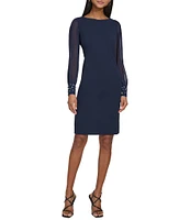 KARL LAGERFELD PARIS Scuba Crepe Crew Neck Chiffon Long Sleeve Pearl Cuff Sheath Mini Dress
