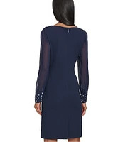 KARL LAGERFELD PARIS Scuba Crepe Crew Neck Chiffon Long Sleeve Pearl Cuff Sheath Mini Dress