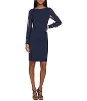 KARL LAGERFELD PARIS Scuba Crepe Crew Neck Chiffon Long Sleeve Pearl Cuff Sheath Mini Dress