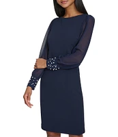 KARL LAGERFELD PARIS Scuba Crepe Crew Neck Chiffon Long Sleeve Pearl Cuff Sheath Mini Dress