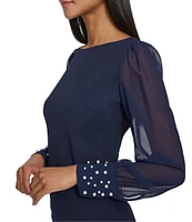 KARL LAGERFELD PARIS Scuba Crepe Crew Neck Chiffon Long Sleeve Pearl Cuff Sheath Mini Dress