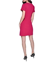KARL LAGERFELD PARIS Scuba Crepe Crew Neck Puff Sleeves Bow Sheath Dress