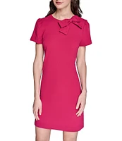 KARL LAGERFELD PARIS Scuba Crepe Crew Neck Puff Sleeves Bow Sheath Dress