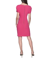 KARL LAGERFELD PARIS Scuba Crepe Crew Neck Short Sleeve Ruched Sheath Mini Dress