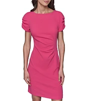 KARL LAGERFELD PARIS Scuba Crepe Crew Neck Short Sleeve Ruched Sheath Mini Dress