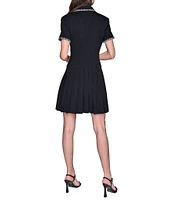 KARL LAGERFELD PARIS Scuba Crepe Notch Collared Short Sleeves Jacquard Piping Shirt Dress