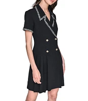 KARL LAGERFELD PARIS Scuba Crepe Notch Collared Short Sleeves Jacquard Piping Shirt Dress