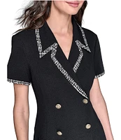KARL LAGERFELD PARIS Scuba Crepe Notch Collared Short Sleeves Jacquard Piping Shirt Dress