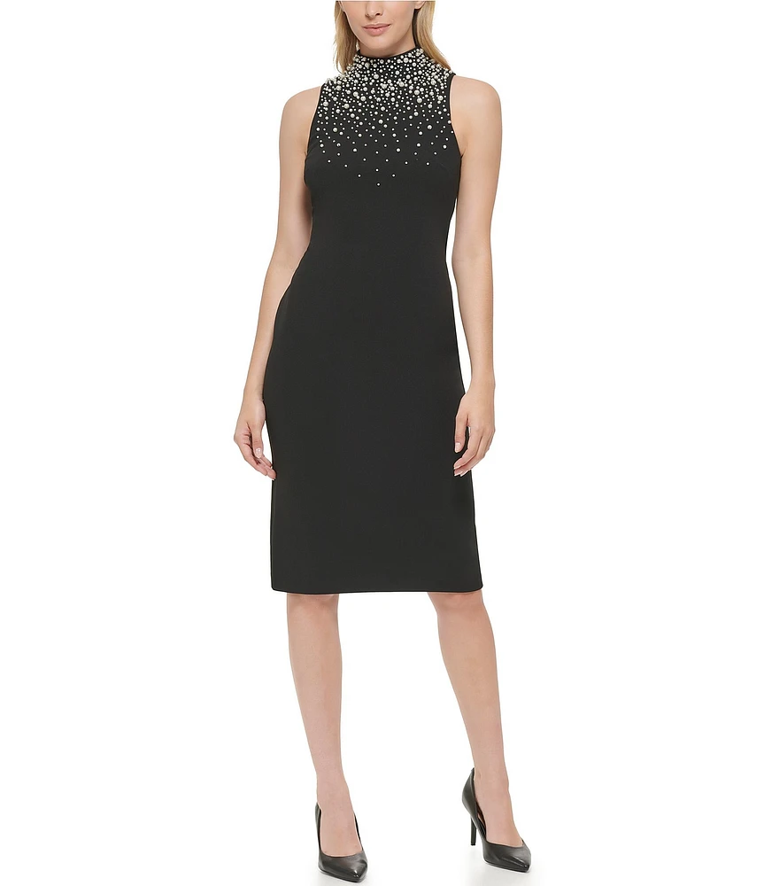 KARL LAGERFELD PARIS Scuba Crepe Pearl Mock Neck Sleeveless Sheath Dress