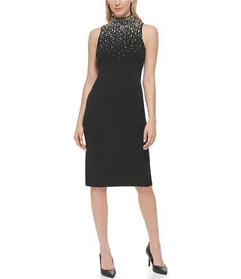 KARL LAGERFELD PARIS Scuba Crepe Pearl Mock Neck Sleeveless Sheath Dress