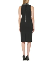 KARL LAGERFELD PARIS Scuba Crepe Pearl Mock Neck Sleeveless Sheath Dress