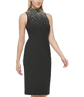 KARL LAGERFELD PARIS Scuba Crepe Pearl Mock Neck Sleeveless Sheath Dress