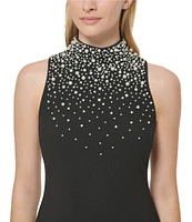 KARL LAGERFELD PARIS Scuba Crepe Pearl Mock Neck Sleeveless Sheath Dress