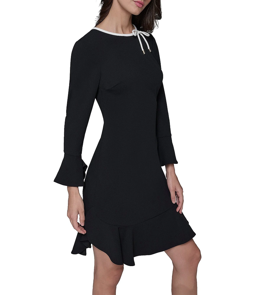 KARL LAGERFELD PARIS Scuba Crepe Round Neck 3/4 Bell Sleeve Flounce Hem Sheath Dress