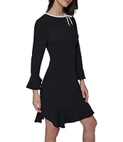 KARL LAGERFELD PARIS Scuba Crepe Round Neck 3/4 Bell Sleeve Flounce Hem Sheath Dress